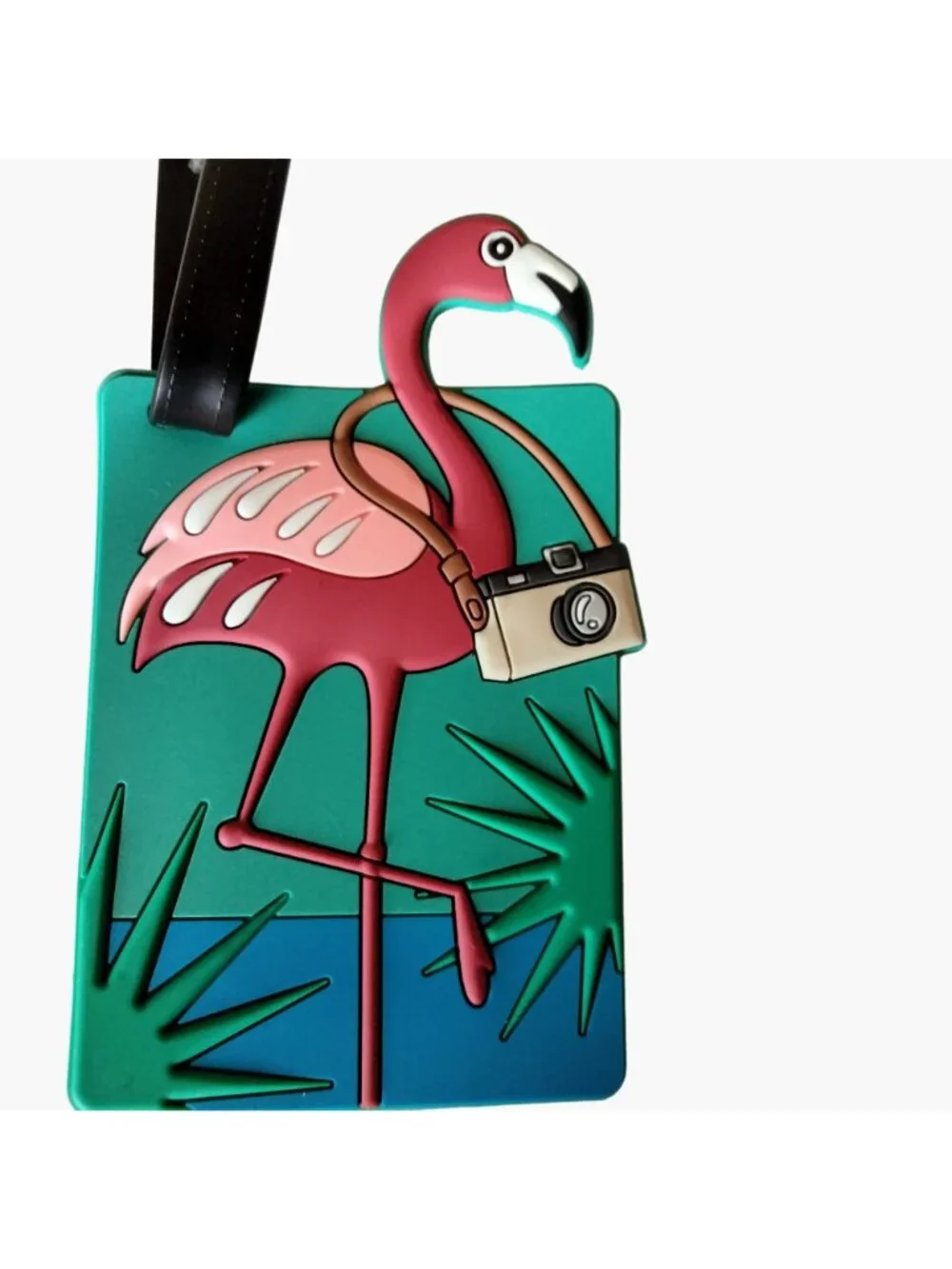 Luggage ID Tag Flamingo Camera Travel Adjustable Strap Turquoise Pink